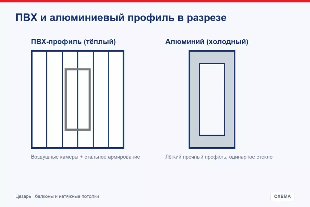 ПВХ и алюминиевый профиль в разрезе